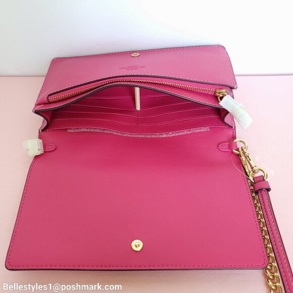 COACH Anna Pebbled Leather Fold-over Clutch Crossbody With Chain- Bold Pink ⭐ - Picture 12 of 16